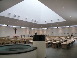 Baptismal font at entrance to St Bede's - click for larger picture
