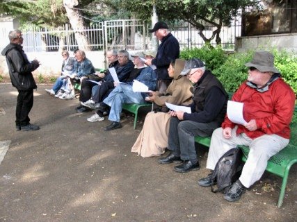 In one of the communities between the two 'mountains', listening to Daniel.